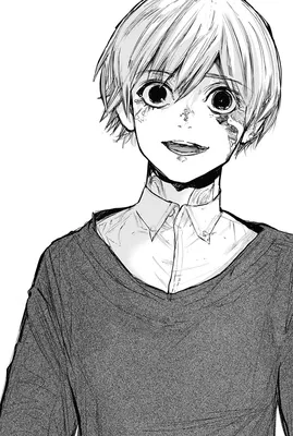 Ken kaneki from the anime \"tokyo ghoul\" who stands with white hair and a  smile and in the background should be something pink on Craiyon