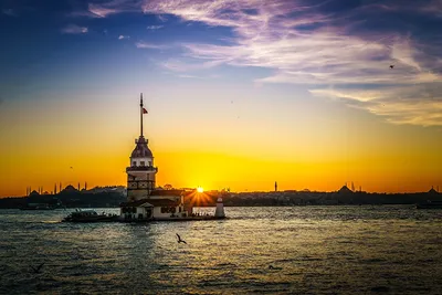 Картинки Стамбул Турция Maiden's Tower Море Природа Небо Рассветы и